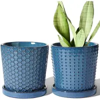 Famanu – Keramische bloempotten van 13,5 cm, set van 2, plantenpotten met afwateringsgat en schotel, ideaal voor vetplanten en cactussen, reactief blauw