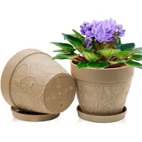 Famanu – Set van 2 kunststof bloempotten met onderzetters, 20 cm, terracotta-look, met drainagegaten voor binnen en buiten