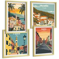 Wallfluent 4-Delige Schilderij Set - Stads- En Natuurlandschappen In Warme Kleuren - 40 x 40 cm En 40 x 60 cm - Stijlvolle Muurdecoratie - Kantoor - Woonkamer Decoratie