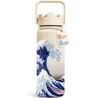 Famanu – Geïsoleerde thermosfles van 500 ml met rietje en handvat, herbruikbare sportfles voor warme en koude dranken, stijlvol Japans design
