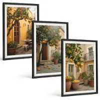 Wallfluent 3-Delige Schilderij Set - Tuin Met Citrusbomen Op Een Zonnige Locatie - 40 x 60 cm - Moderne Wanddecoratie - Slaapkamer