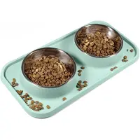 Famanu – Kattenvoerbak met antislip en morsvrije siliconen matten, verwijderbare roestvrijstalen voer- en waterschalen voor katten en kleine honden
