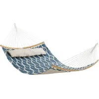 Famanu – Gewatteerde stoffen hangmat met afneembare gebogen bamboe spreider en kussen, 200 x 140 cm, draagvermogen 225 kg, blauw en beige