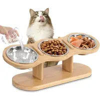 Famanu – Verhoogde kattenbak, 3-delige set, roestvrij staal, gekanteld voederstation, in hoogte verstelbaar, voor katten en kleine honden
