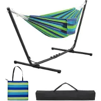 Famanu – Hangmat met frame voor 2-3 personen, verstelbare lengte van 294/304/314 cm, tot 205 kg belastbaar, blauw-groene strepen