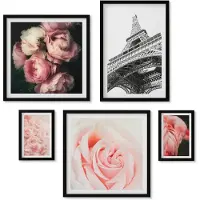 Wallfluent 5-Delige Schilderij Set - Roze Rozen En De Eiffeltoren In Een Romantische Stijl - 50 x 50 cm, 20 x 30 cm En 40 x 60 cm - Muurdecoratie - Wanddecoratie - Slaapkamer - Interieur Decoratie