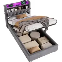 MODFU Gestoffeerd Bed 90x190 cm – 211,5x93,5x99,5 cm – Fluweel met LED & USB – Hydraulische opbergruimte – Grijs