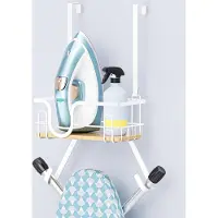 Famanu – Strijkplankhouder voor wandmontage en boven de deur, met grote opbergmand en afneembare haken, wit