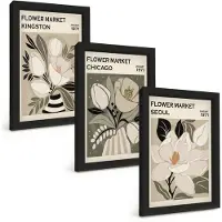 Wallfluent 3-Delige Schilderij Set - Bloemen Van De Markten Van Kingston, Chicago En Seoul In Een Retrostijl. - 20 x 30 cm - Muurdecoratie - Interieur Decoratie - Stijlvolle Muurdecoratie