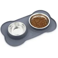 Famanu – Antislip hondenkommen set van 2, roestvrijstalen dubbele kommen met anti-lek siliconen mattenbakje voor katten en kleine honden, 14 oz per kom, grijs
