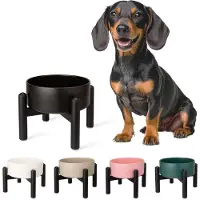 Famanu – Verhoogde hondenvoerbak van keramiek met roestvrijstalen standaard, 15,5 cm diameter, 850 ml, voor kleine en middelgrote honden, zwart