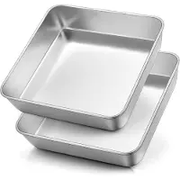 Famanu – Vierkante taartvorm set van 2, roestvrij staal, 21 x 21 x 5 cm, duurzame bakvormen voor brownies, lasagne en cake, eenvoudig te reinigen