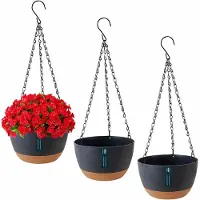 Famanu – Hangende plantenpot, set van 3 stuks, met drainagegaten en schotels, voor binnen en buiten, donkergrijs
