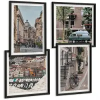 Wallfluent 4-Delige Schilderij Set - Rustige Stedelijke Uitzichten Op Gebouwen - 40 x 40 cm En 40 x 60 cm - Muurdecoratie - Schilderijen Set - Woonkamer - Stijlvolle Muurdecoratie
