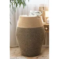 Famanu – Grote wasmand van 65 cm hoog, gevlochten opbergmand voor het verzamelen van kleding in de wasruimte, zwart en jute