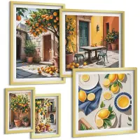 Wallfluent 5-Delige Schilderij Set - Citrusvruchten In Zonnige Tuinen En Op Terrassen - 50 x 50 cm, 20 x 30 cm En 40 x 60 cm - Moderne Wanddecoratie - Slaapkamer - Woonkamer Decoratie