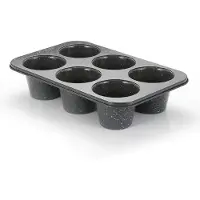 Famanu – diepe muffinvorm van koolstofstaal, set van 6 kopjes met anti-aanbaklaag en grijs granieten steenoppervlak, grote muffinvormen voor bakken (9 cm diameter, 7,6 cm hoog