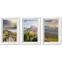 Wallfluent 3-Delige Schilderij Set - Berglandschappen Met Bloemen, Lucht En Pad. - 20 x 30 - Muurdecoratie - Interieur Decoratie - Moderne Wanddecoratie