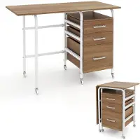 Costway Opvouwbare computertafel met 3 laden en wielen, bureau met metalen frame, ruimtebesparende kantoortafel, opvouwbaar bureau voor kleine ruimtes, 105 x 50 x 75 cm, natuur