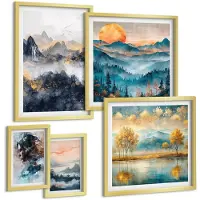 Wallfluent 5-Delige Schilderij Set - Berglandschappen Met Portretten En Natuurfoto'S - 50 x 50 cm, 20 x 30 cm En 40 x 60 cm - Stijlvolle Wanddecoratie - Interieur - Interieur Decoratie