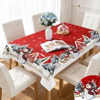 Famanu – Tafelkleed voor Kerstmis, 140 x 110 cm, afwasbaar linnen tafelkleed in rood met sneeuwman en sneeuwvlok patroon voor decoratie
