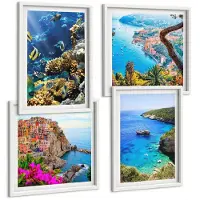Wallfluent 4-Delige Schilderij Set - Uitzicht Op Zee Met Kleurrijke Huizen En Een Koraalrif. - 40 x 40 En 40 x 60 - Decoratieve Schilderijen - Wanddecoratie - Hal - Muurdecoratie