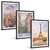 Wallfluent 3-Delige Schilderij Set - Uitzicht Op De Steden New York, Parijs En Warschau Bij Zonsondergang. - 40 x 60 cm - Muurdecoratie - Wanddecoratie - Hal - Decoratieve Schilderijen