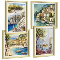 Wallfluent 4-Delige Schilderij Set - Italiaanse Kustplaatsen In Aquarelstijl - 40 x 40 cm En 40 x 60 cm - Wanddecoratie - Muurdecoratie - Moderne Interieurdecoratie - Decoratieve Schilderijen