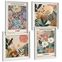 Wallfluent 4-Delige Schilderij Set - Bloemenposters Parijs Londen - 40 x 40 En 40 x 60 - Stijlvolle Muurdecoratie - Slaapkamer - Moderne Wanddecoratie