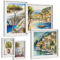 Wallfluent 5-Delige Schilderij Set - Stijlvolle Uitzichten Op Kustplaatsen En Italiaanse Landschappen - 50 x 50 cm, 20 x 30 cm En 40 x 60 cm - Wanddecoratie - Woonkamer Decoratie - Interieur Decoratie