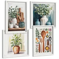 Wallfluent 4-Delige Schilderij Set - Keukenaccessoires Met Planten In Een Moderne Stijl - 40 x 40 En 40 x 60 - Moderne Wanddecoratie - Slaapkamer - Woonkamer Decoratie