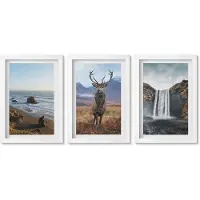 Wallfluent 3-Delige Schilderij Set - Berglandschappen Met Waterval, Herten En Strand - 20 x 30 - Stijlvolle Muurdecoratie - Kantoor - Interieur Decoratie