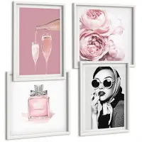 Wallfluent 4-Delige Schilderij Set - Stijlvolle Vrouwelijke Accessoires In Roze Tinten - 40 x 40 En 40 x 60 - Wanddecoratie - Muurdecoratie - Woonkamer