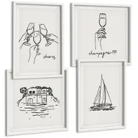 Wallfluent 4-Delige Schilderij Set - Uitzicht Op Het Water, Een Huis Dat Proost Met Glazen En Een Zeilboot. - 40 x 40 En 40 x 60 - Decoratieve Schilderijen - Woonkamer - Interieur - Wanddecoratie