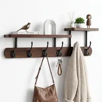 Famanu – Wandkapstok met plank, houten kapstokhaak met 6 haken, ideaal voor gangen, garderobe en slaapkamer, 59 cm, donkere houtkleur