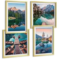 Wallfluent 4-Delige Schilderij Set - Bergmeren Met Weerspiegelingen In Het Water En Het Bos. - 40 x 40 cm En 40 x 60 cm - Wanddecoratie - Schilderijen Set - Interieur - Moderne Wanddecoratie