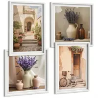 Wallfluent 4-Delige Schilderij Set - Lavendelbloemen, Olijven En Italiaanse Architectuur - 40 x 40 En 40 x 60 - Decoratieve Muurdecoratie - Slaapkamer