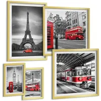 Wallfluent 5-Delige Schilderij Set - Stijlvolle Stadsgezichten Met Iconen Van Londen En Parijs. - 50 x 50 cm, 20 x 30 cm En 40 x 60 cm - Decoratieve Muurdecoratie - Slaapkamer - Interieur Decoratie