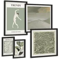 Wallfluent 5-Delige Schilderij Set - Stijlvolle Afbeeldingen Met Abstracte Plantmotieven - 50 x 50 cm, 20 x 30 cm En 40 x 60 cm - Moderne Wanddecoratie - Woonkamer - Stijlvolle Muurdecoratie