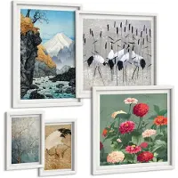 Wallfluent 5-Delige Schilderij Set - Natuurlandschappen Met Bloemen En Vogels In Japanse Stijl - 50 x 50 cm, 20 x 30 cm En 40 x 60 cm - Moderne Wanddecoratie - Slaapkamer - Woonkamer Decoratie