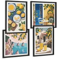 Wallfluent 4-Delige Schilderij Set - Lemonade, Italiaans Uitzicht En Een Zonnig Terras - 40 x 40 cm En 40 x 60 cm - Wanddecoratie - Schilderijen Set - Kantoor - Stijlvolle Muurdecoratie