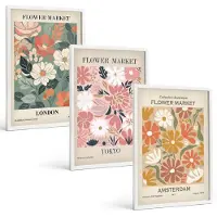 Wallfluent 3-Delige Schilderij Set - Posters Met Bloemenpatronen Uit Londen, Tokio En Amsterdam - 40 x 60 - Muurdecoratie - Interieur Decoratie