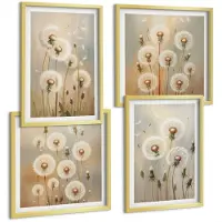 Wallfluent 4-Delige Schilderij Set - Witte Paardenbloemen Op Een Achtergrond Van Lichte Kleuren. - 40 x 40 cm En 40 x 60 cm - Moderne Wanddecoratie - Woonkamer - Muurdecoratie