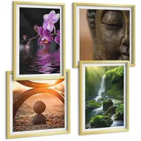 Wallfluent 4-Delige Schilderij Set - Bloemen In Het Water, Waterval Met Groene Rotsen, Boeddha - 40 x 40 cm En 40 x 60 cm - Muurdecoratie - Wanddecoratie - Slaapkamer - Moderne Wanddecoratie