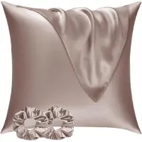 Famanu – Set van 2 satijnen kussenslopen, 80 x 80 cm, met 2 haarrubbers, bruin, zacht voor haar en huid