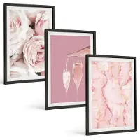 Wallfluent 3-Delige Schilderij Set - Champagnekleurige Rozen En Een Pastelkleurige Marmeren Achtergrond - 40 x 60 cm - Wanddecoratie - Schilderijen Set - Kantoor - Woonkamer Decoratie
