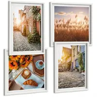 Wallfluent 4-Delige Schilderij Set - Sfeervolle Straatjes Met Koffie En Zonnebloemen - 40 x 40 En 40 x 60 - Wanddecoratie - Woonkamer Decoratie