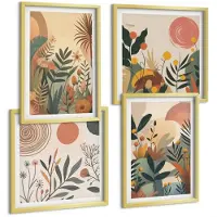 Wallfluent 4-Delige Schilderij Set - Plantmotieven In Gedempte Kleuren Met Cirkels. - 40 x 40 cm En 40 x 60 cm - Wanddecoratie - Muurdecoratie - Woonkamer