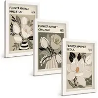 Wallfluent 3-Delige Schilderij Set - Bloemen Van De Markten Van Kingston, Chicago En Seoul In Een Retrostijl. - 20 x 30 - Muurdecoratie - Interieur Decoratie - Wanddecoratie