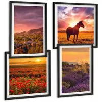 Wallfluent 4-Delige Schilderij Set - Berglandschappen Met Paarden En Lavendelvelden - 40 x 40 cm En 40 x 60 cm - Wanddecoratie - Muurdecoratie - Moderne Interieurdecoratie - Interieur Decoratie